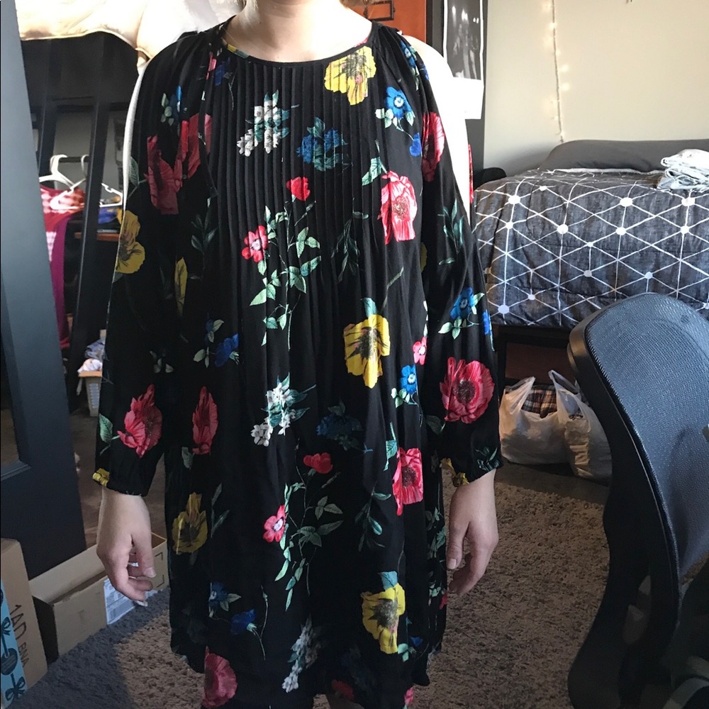black floral dress with cut out shoulders